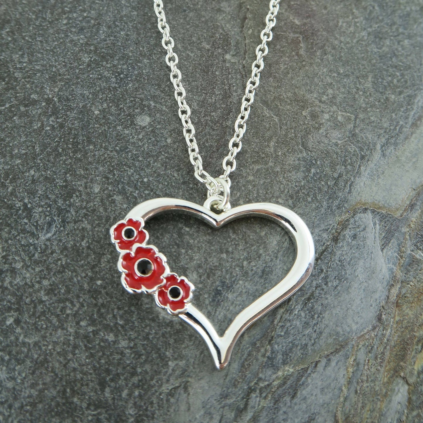 Poppy Red Flowers On Heart Pendant Necklace