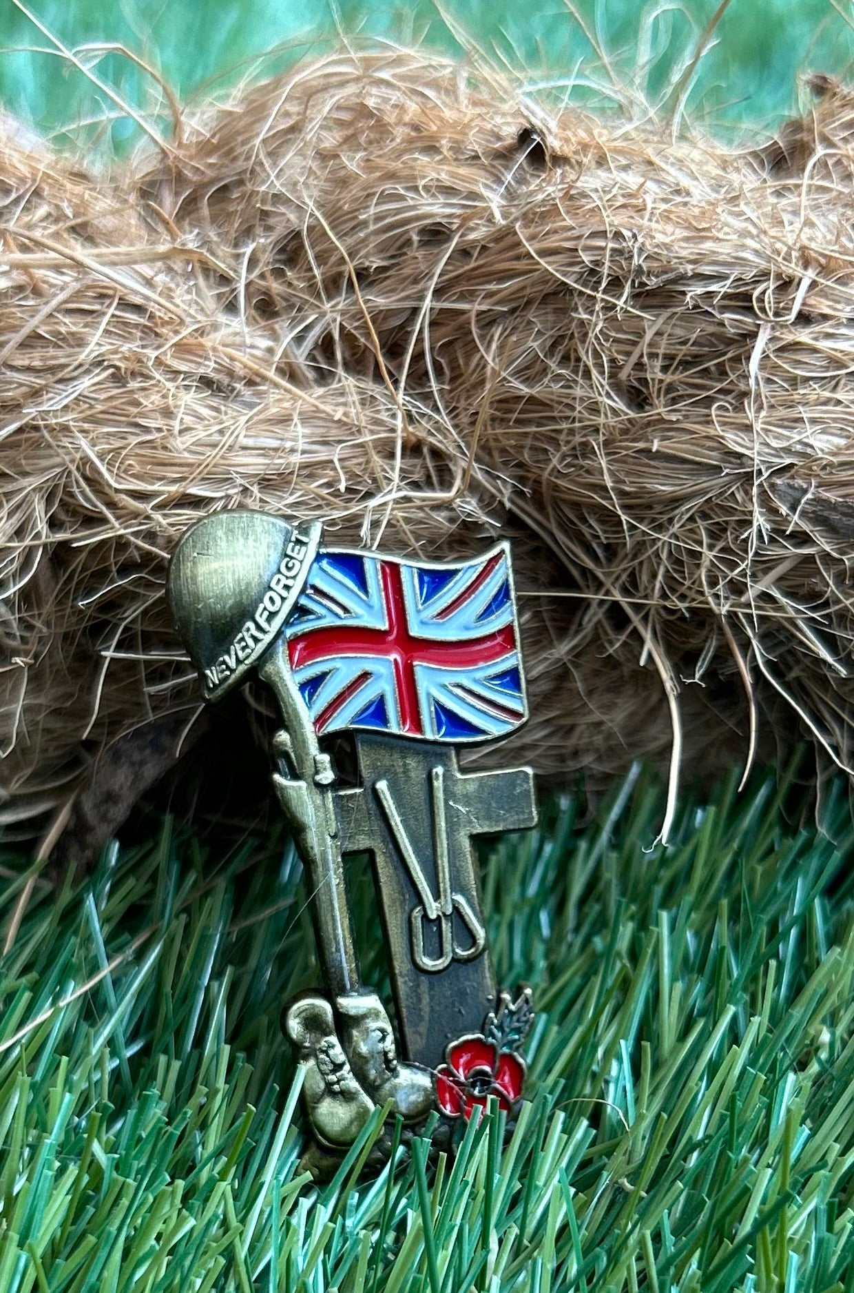 Boots, Helmet, Cross and Union Jack Remembrance Lapel Pin Badge