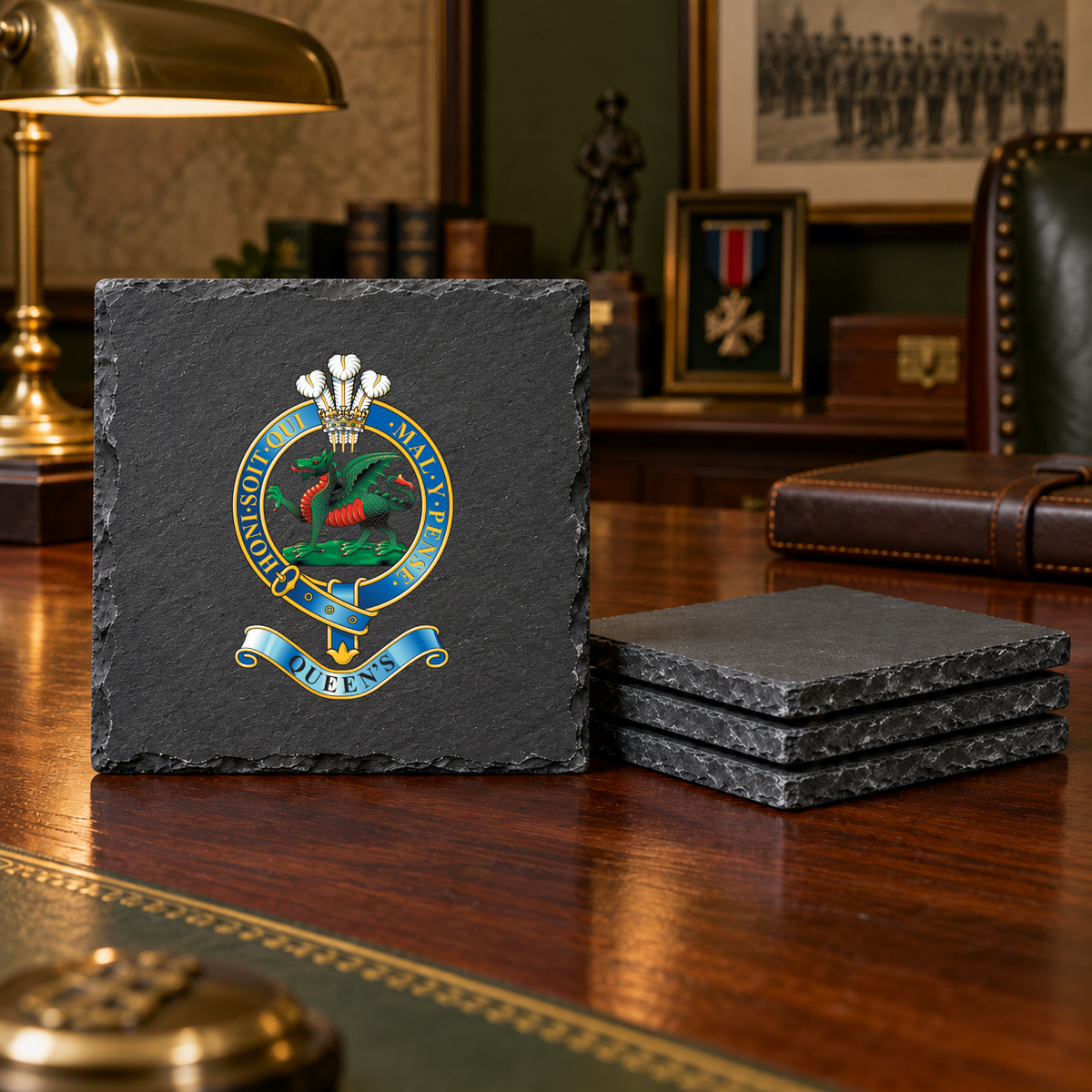 Queens Regiment - Slate Placemat & Coaster Set | The Crafty Black Dog — Slate_Coaster_Set_4_Military_Desk_Smart_Object copy