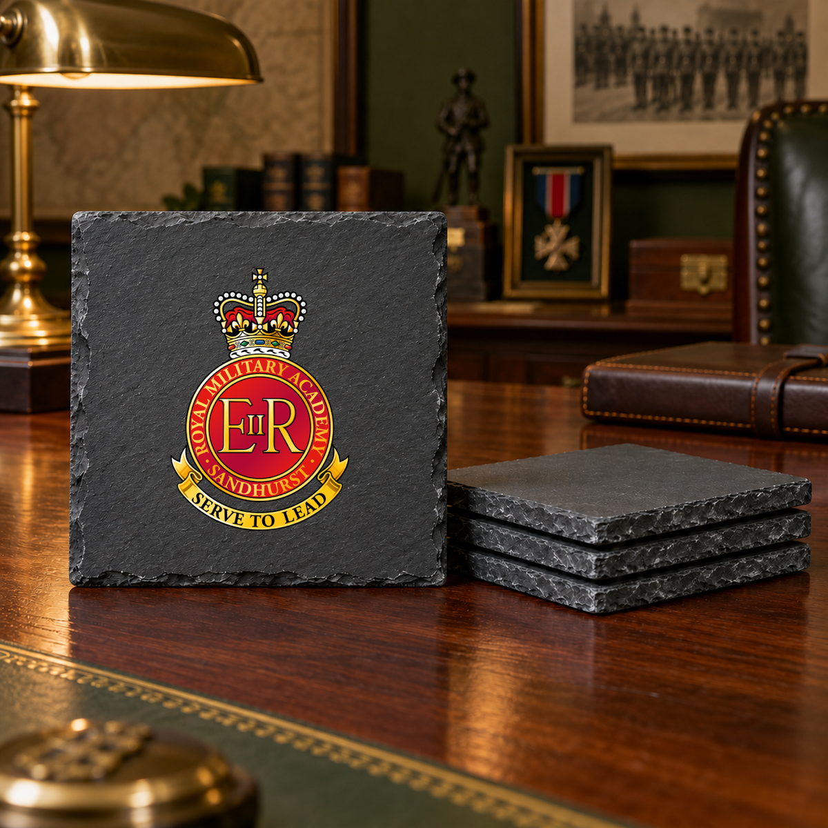 Royal Military Academy Sandhurst - Slate Placemat & Coaster Set | The Crafty Black Dog — Slate_Coaster_Set_4_Military_Desk_Smart_Object copy