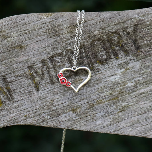 Poppy Red Flowers On Heart Pendant Necklace
