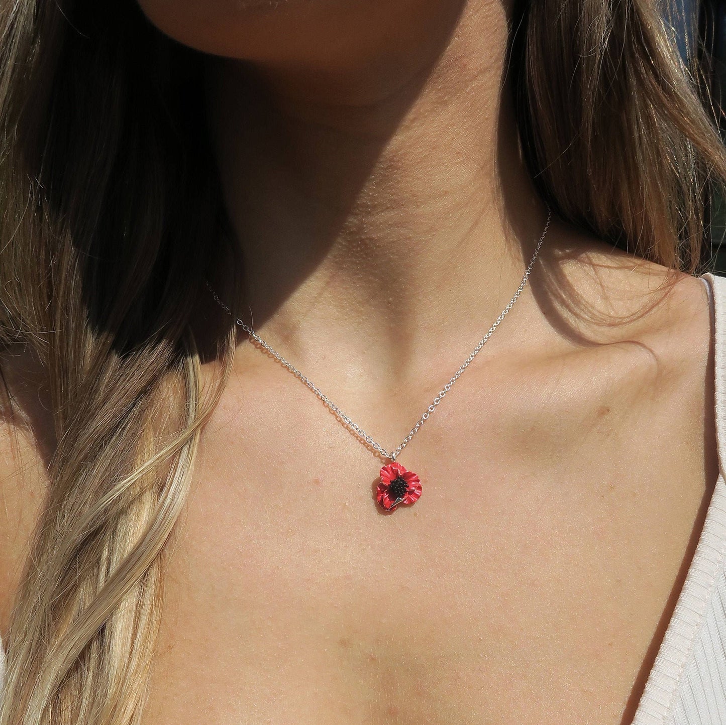 Poppy Red Flower Pendant Necklace