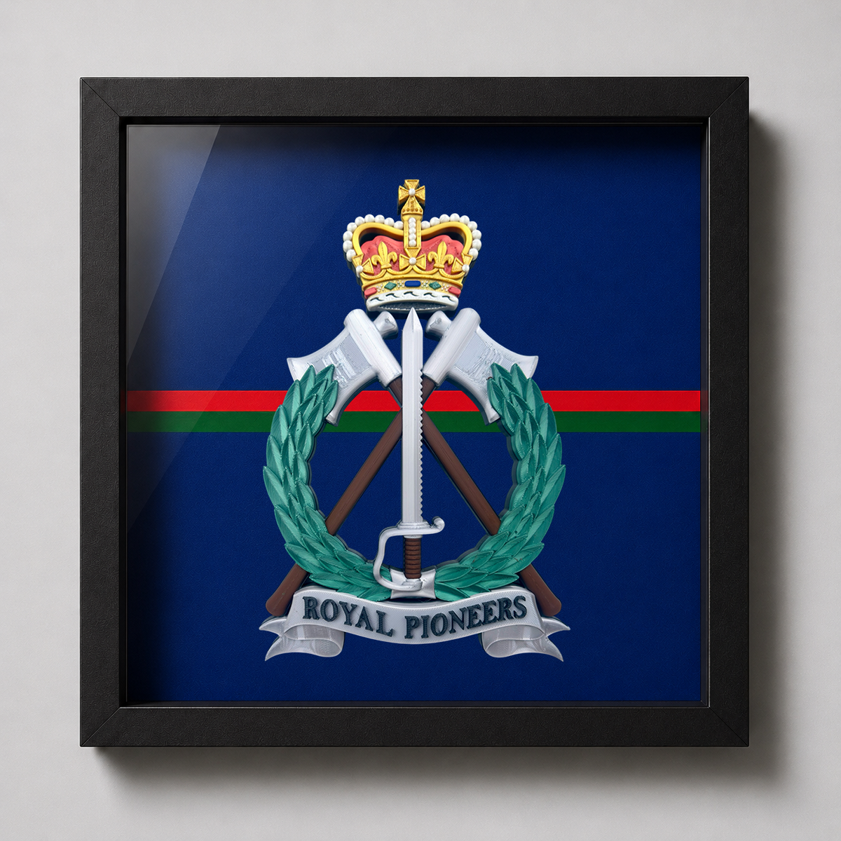 Royal Pioneer Corps Full Colour Cap Badge & Stable Belt Display Frame | Officially Licensed