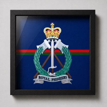 Royal Pioneer Corps Full Colour Cap Badge & Stable Belt Display Frame | Officially Licensed
