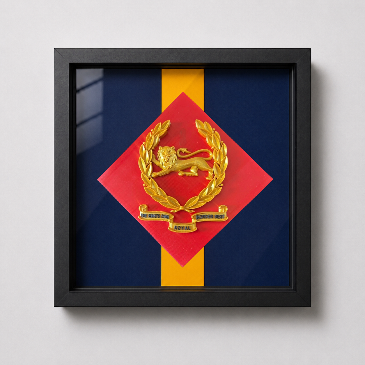 King's Own Royal Border Regiment Beret Badge with Scroll & Stable Belt Display Frame | Officially Licensed