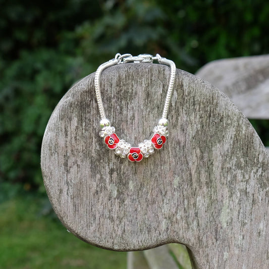 Poppy Red Flower Charm and Bead Bracelet