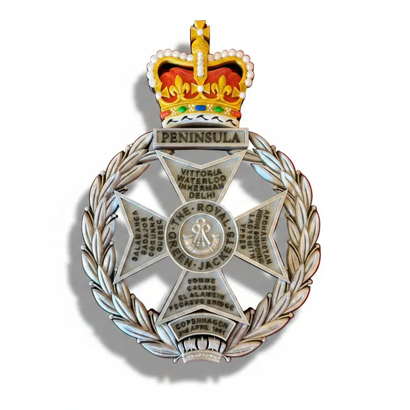 Royal Green Jackets Silver Black Coloured Crown Cap Badge
