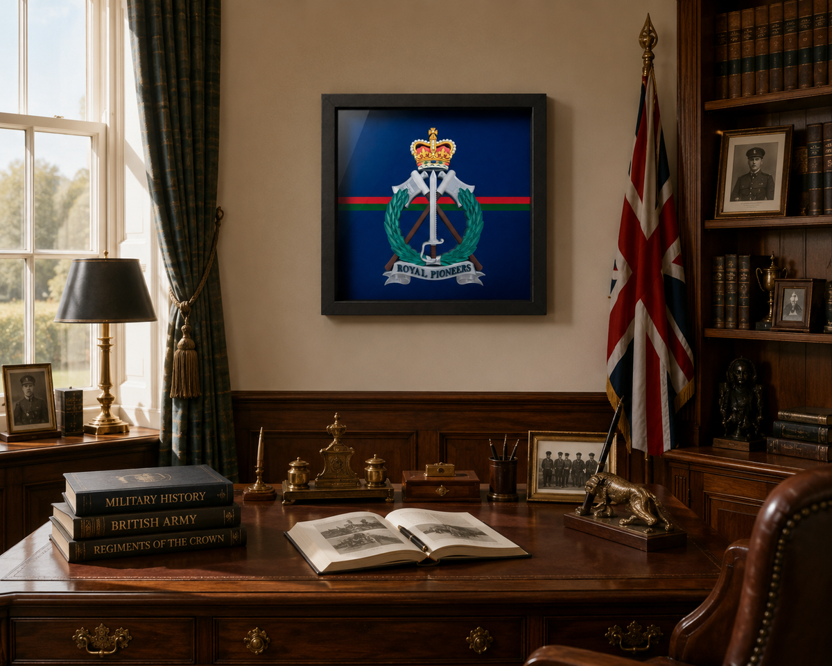 Royal Pioneer Corps Full Colour Cap Badge & Stable Belt Display Frame | Officially Licensed