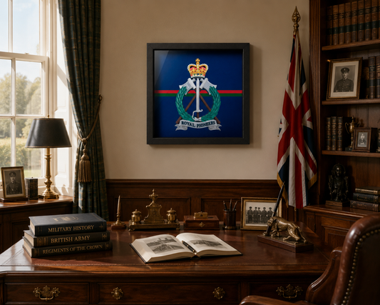 Royal Pioneer Corps Full Colour Cap Badge & Stable Belt Display Frame | Officially Licensed