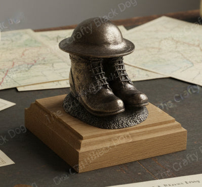 First World War Boots, Helmet, and Putty's Cold Cast Bronze Statue