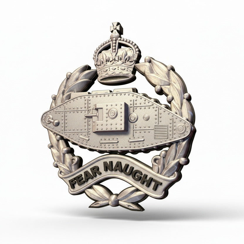 Royal Tank Regiment 3D Printed Cap Badge King's Crown (Silver & Black)