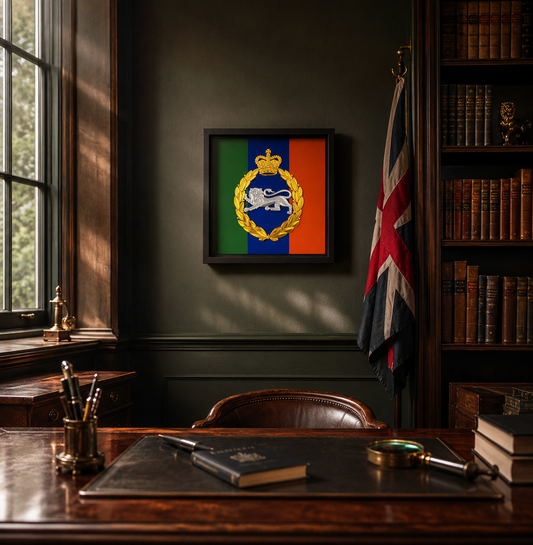 King's Own Royal Border Regiment Silver & Gold Cap Badge & Regimental Colours Display Frame | Officially Licensed