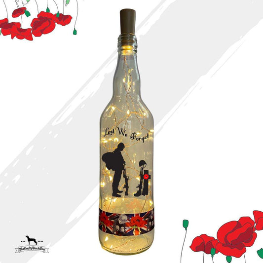 Lest We Forget - Soldier Paying Respects (Design 2) - Bottle with lights (Boy picking poppies Ribbon)