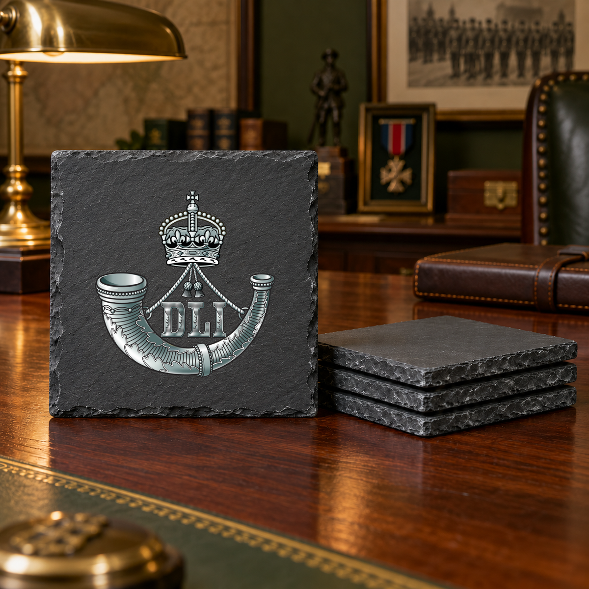 Durham Light Infantry - Slate Placemat & Coaster Set | The Crafty Black Dog — Slate_Coaster_Set_4_Military_Desk_Smart_Object copy