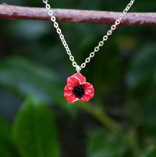 Poppy Red Flower Pendant Necklace