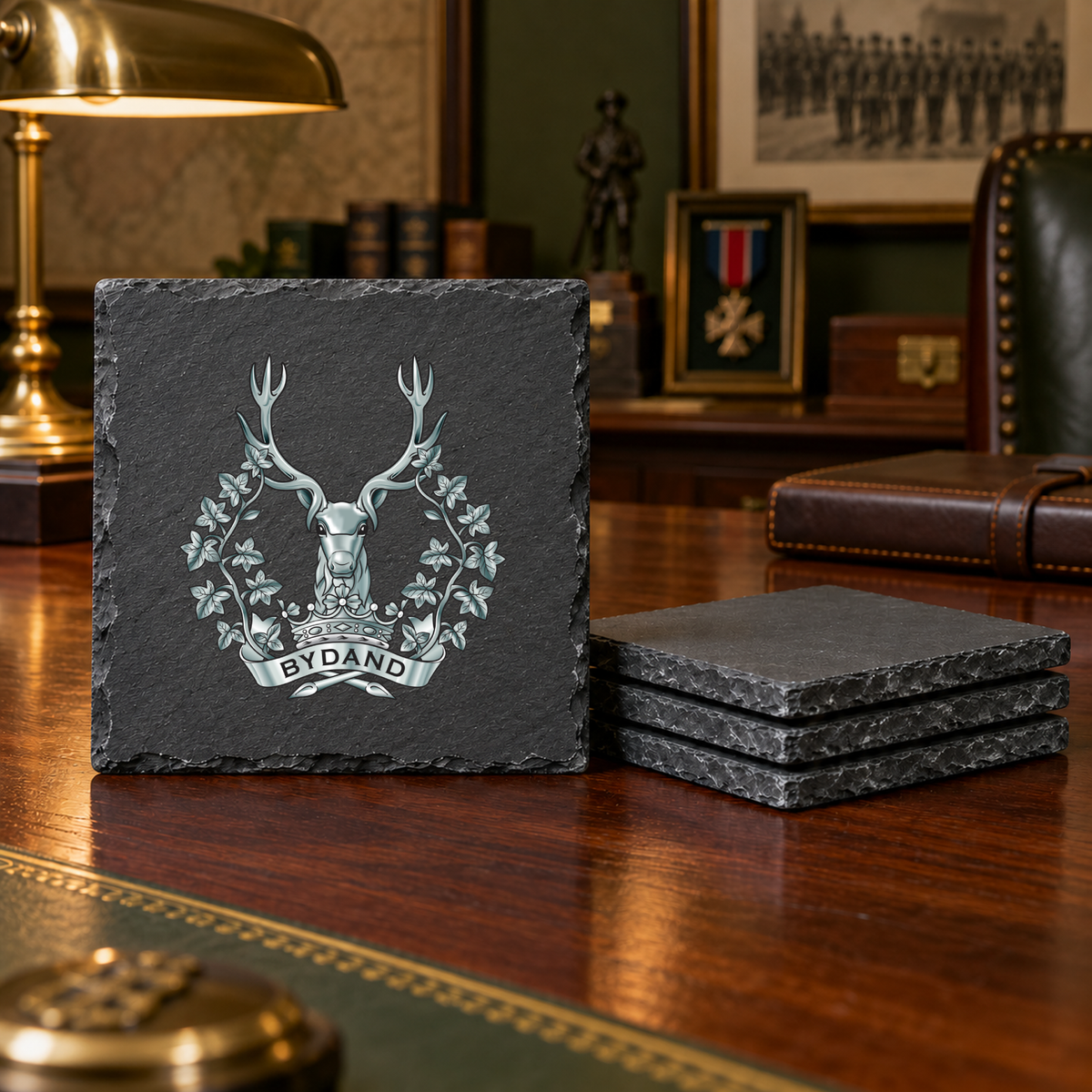 Gordon Highlanders - Slate Placemat & Coaster Set | The Crafty Black Dog — Slate_Coaster_Set_4_Military_Desk_Smart_Object copy