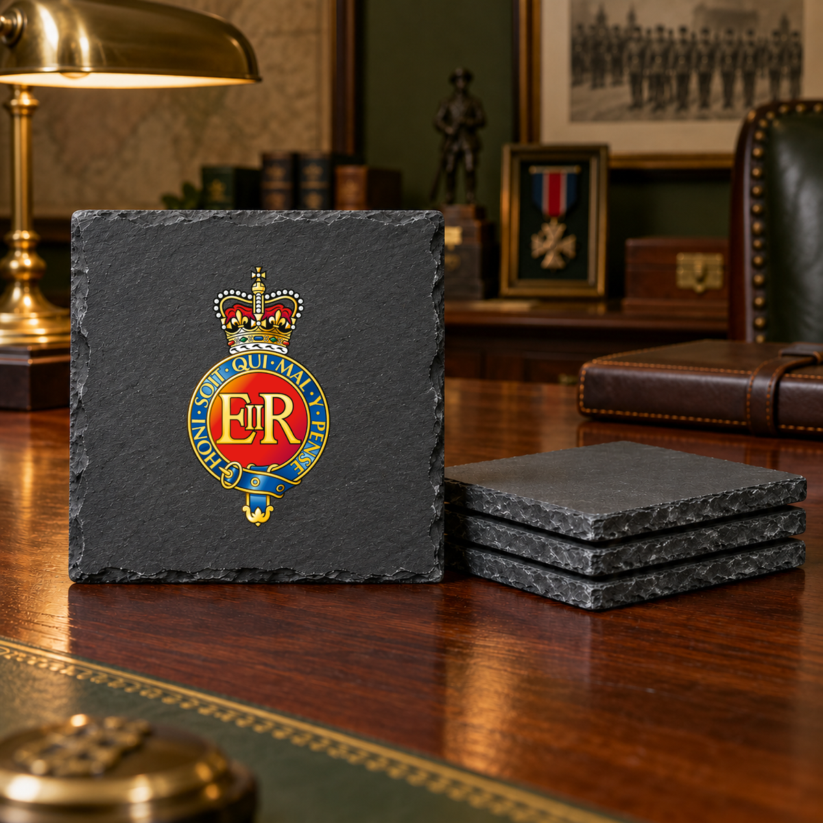 Household Cavalry Regiment. png - Slate Placemat & Coaster Set | The Crafty Black Dog — Slate_Coaster_Set_4_Military_Desk_Smart_Object copy