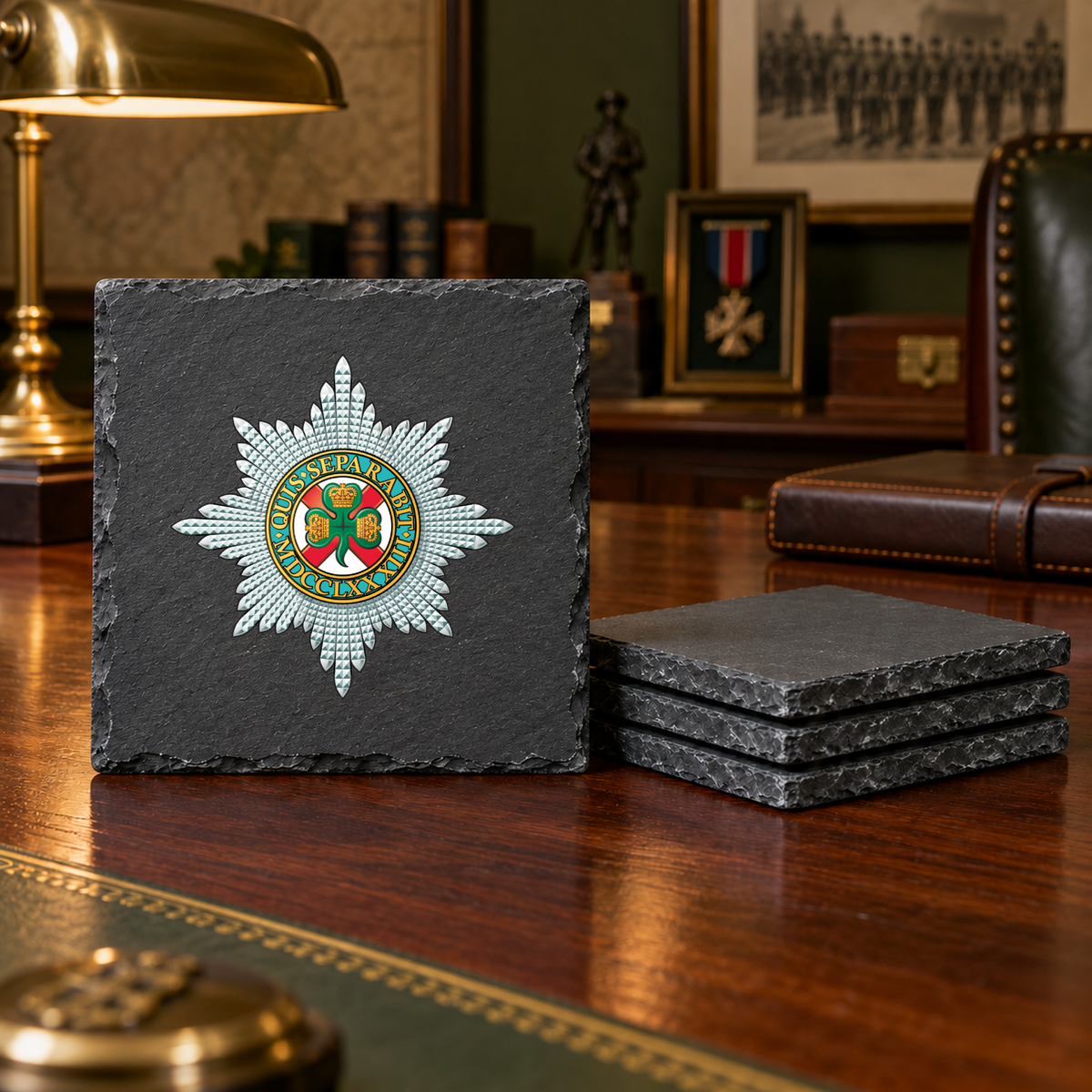 Irish Guards - Slate Placemat & Coaster Set | The Crafty Black Dog — Slate_Coaster_Set_4_Military_Desk_Smart_Object copy