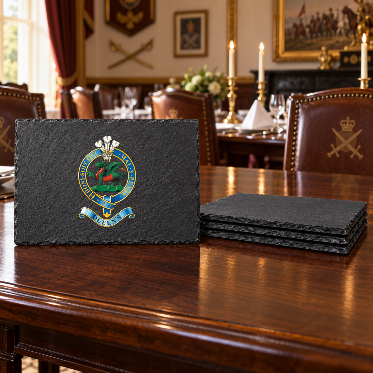 Queens Regiment - Slate Placemat & Coaster Set | The Crafty Black Dog — Slate_Placemat_Set_4_Military_Dining_Smart_Object copy